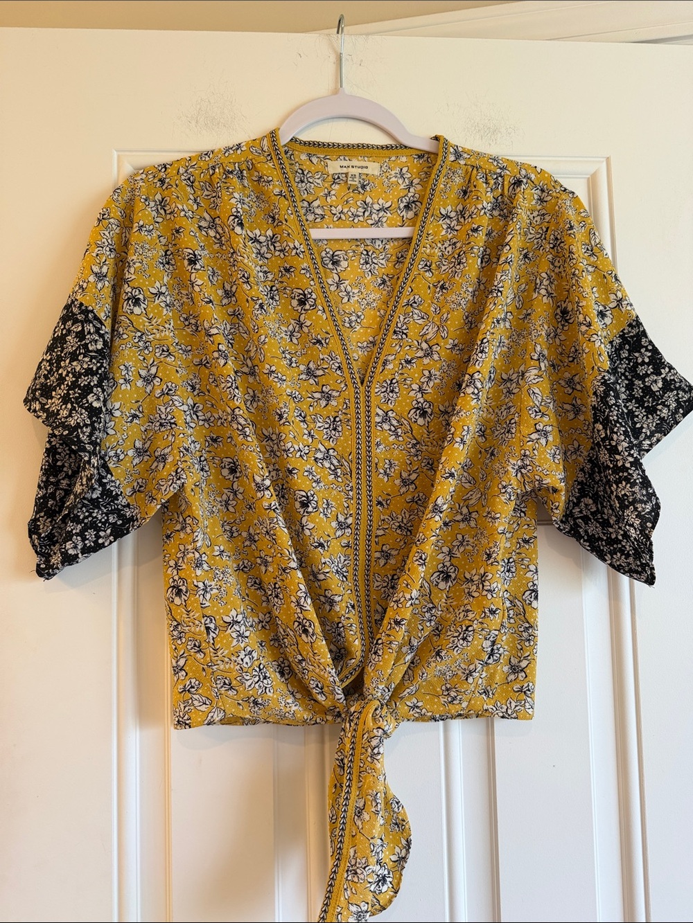 Max Studio Mustard Yellow Floral Tie-Front Blouse with Black Flutter Sleeves